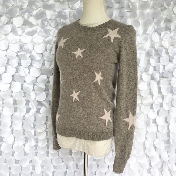 Cynthia Rowley 100% 2-ply Cashmere Small Taupe Pink Star Print Crew Neck… - Picture 2 of 6